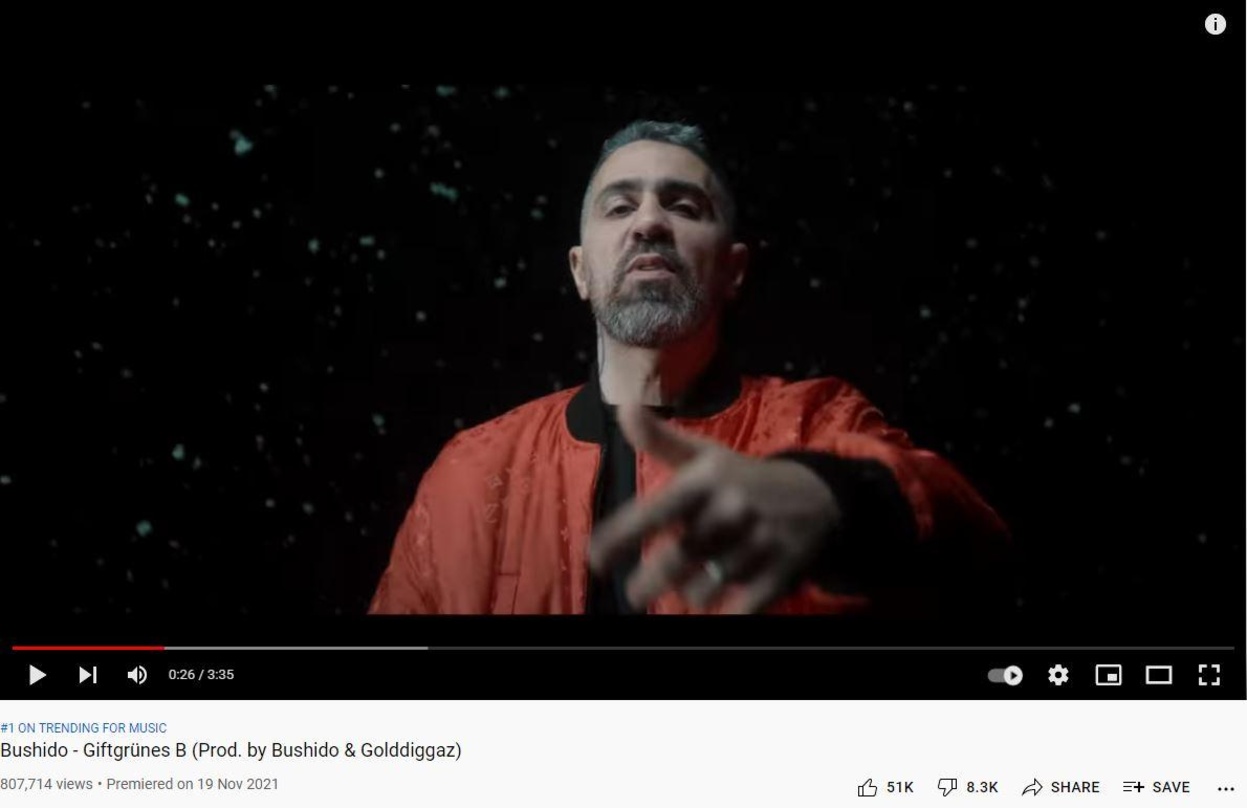 Bushido landete am Wochenende mit "Giftgrünes B" auf Platz eins der deutschen YouTube-Musik-Trendcharts