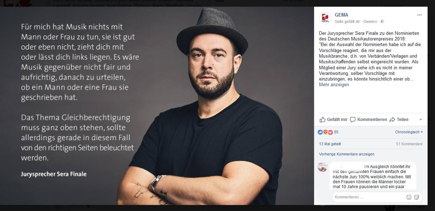 Bezieht Position zur Auswahl der Nominees für den Deutschen Musikautorenpreis: Jurysprecher Simon "Sera Finale" Müller-Lerch