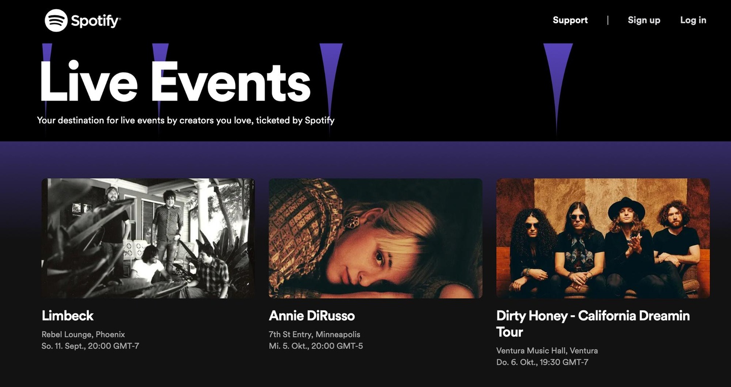 Mögliche Vorstufe zu einem eigenen Ticketing-Angebot: Spotify bietet online für den US-Markt Eintrittskarten für ausgewählte an