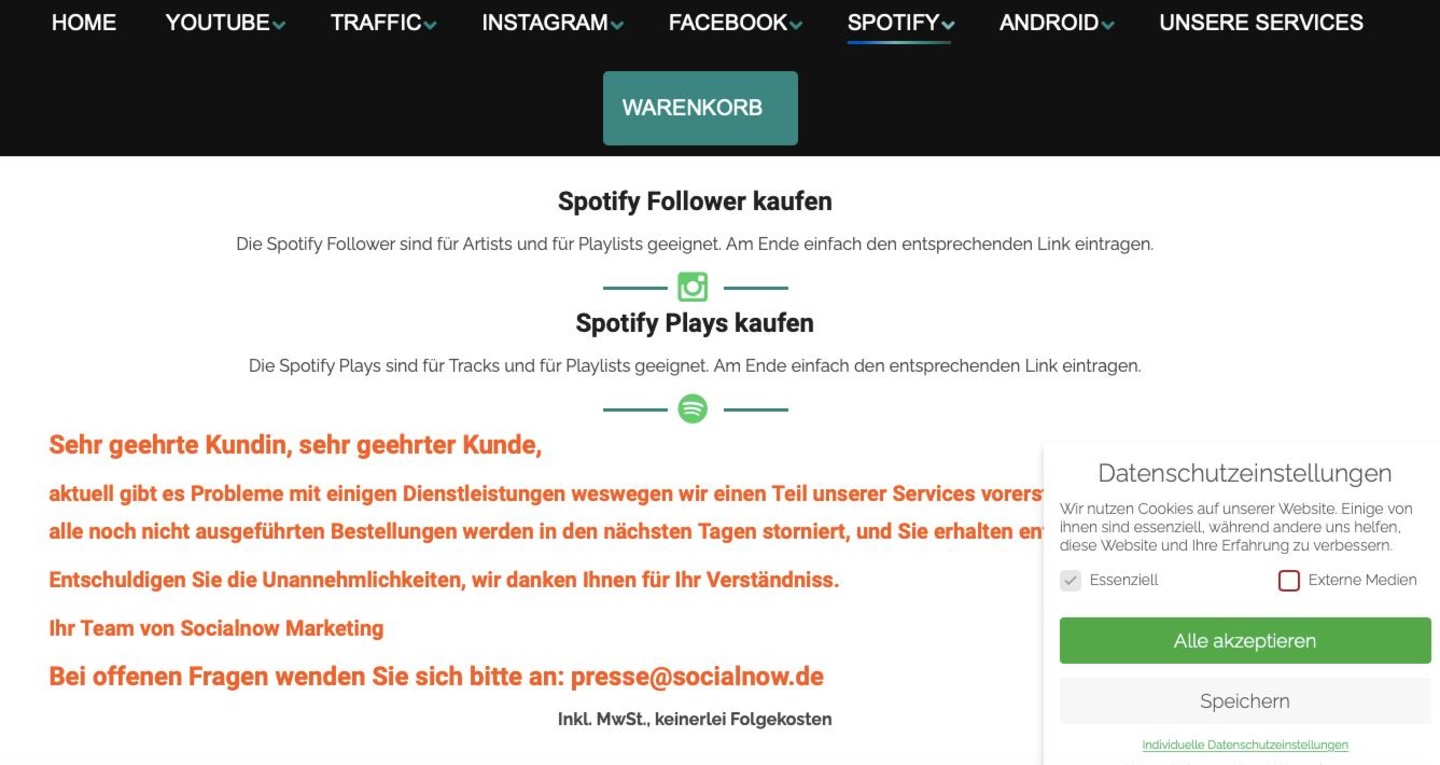 Meldet "Probleme mit einigen Dienstleistungen": eine der von BVMI und IFPI angeprangerten Webseiten, die die Manipulation von Streamingzahlen im Angebot führte