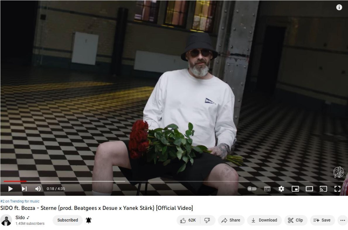 Am Wochenende lange auf Platz ein der deutschen YouTube-Musik-Trendcharts: Sido feat. Bozza mit "Sterne"