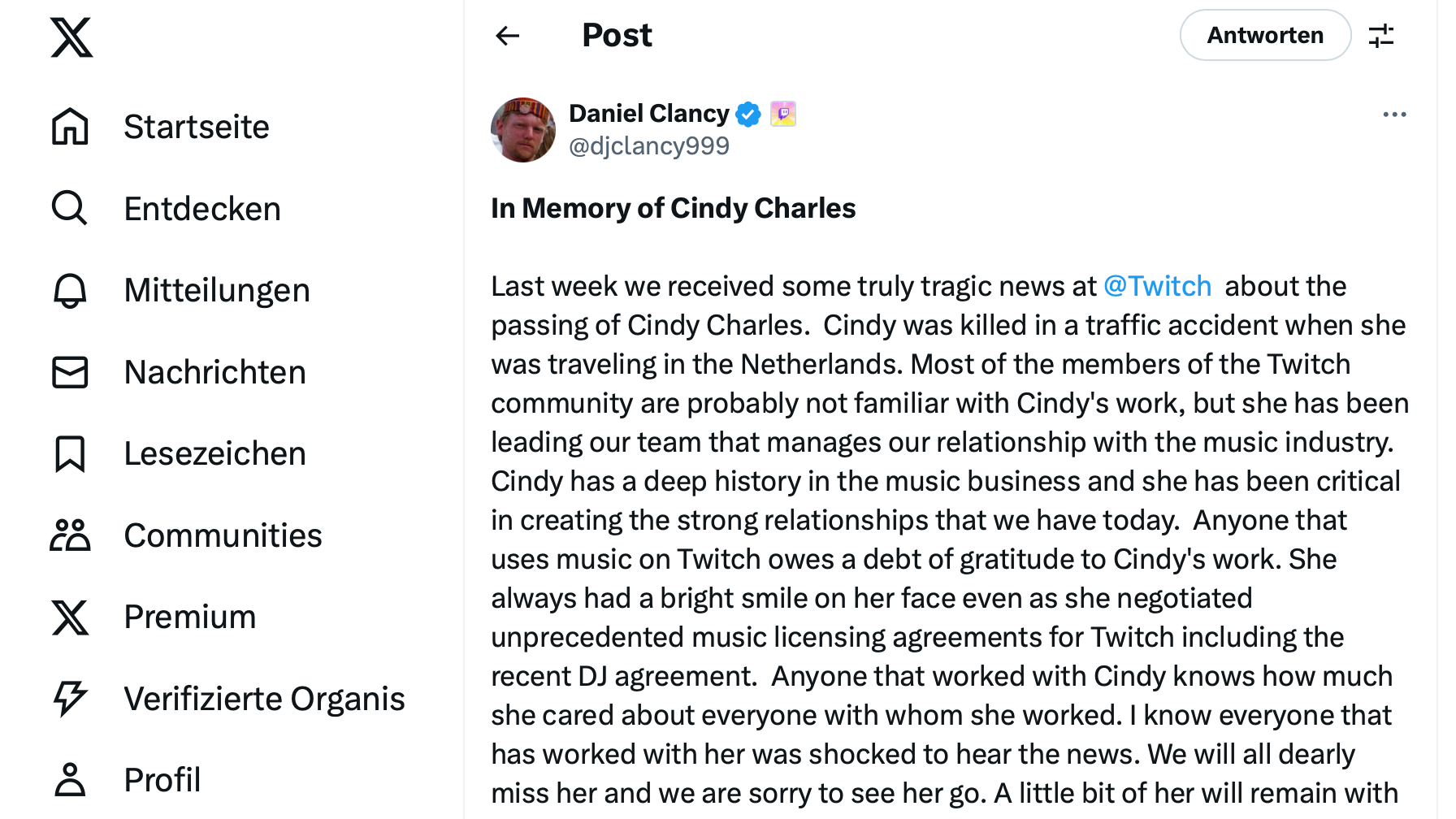 Nachruf über X: Twitch-CEO Daniel Clancy bestätigt den Verlust der langjährigen Musikchefin Cindy Charles.