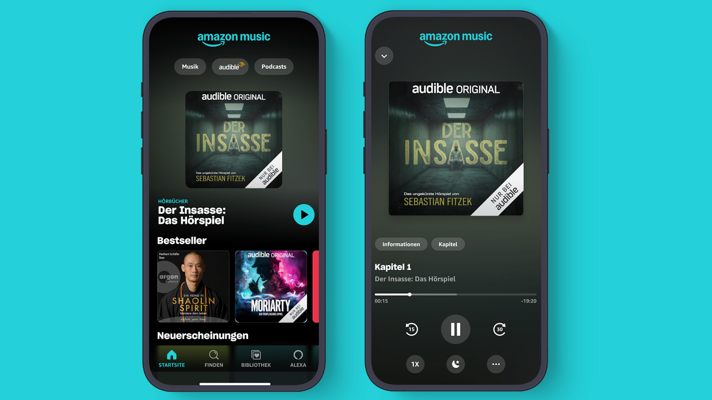 Neu mit dabei im Hörbuch-Schrank von Amazon Music Unlimited: Audible Originals wie "Der Insasse: Das Hörspiel" von Sebastian Fitzek.