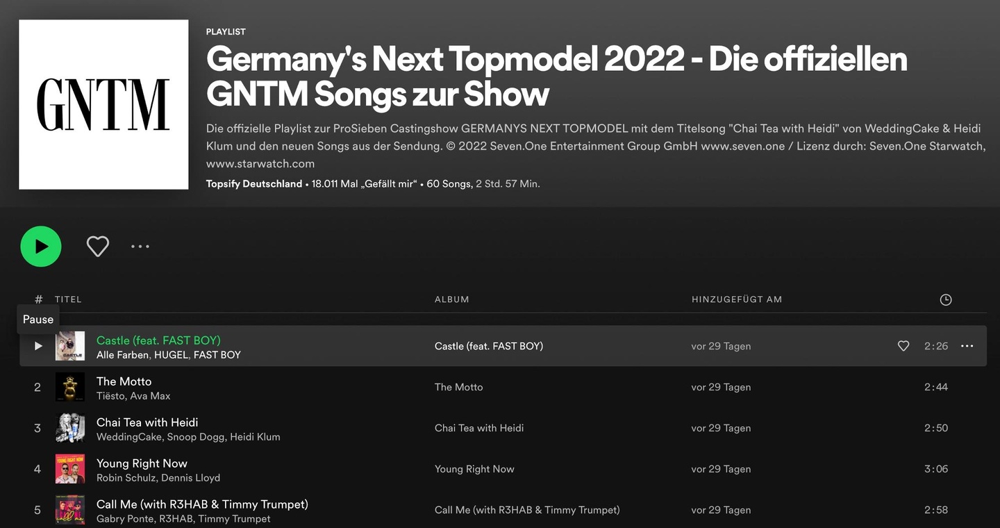 Markiert den Start einer Kooperation zwischen Warner Music und Seven.One Starwatch: die Playlist zu "Germany's Next Topmodel"