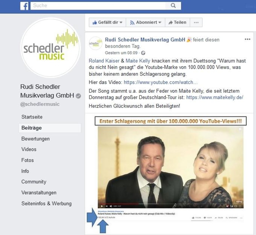 Via Social Media verbreitet: Schedler Music gratuliert den beteiligten zu mehr als 100 Millionen Abrufen des Video zu "Warum hast du nicht Nein gesagt" von Roland Kaiser und Maite Kelly.