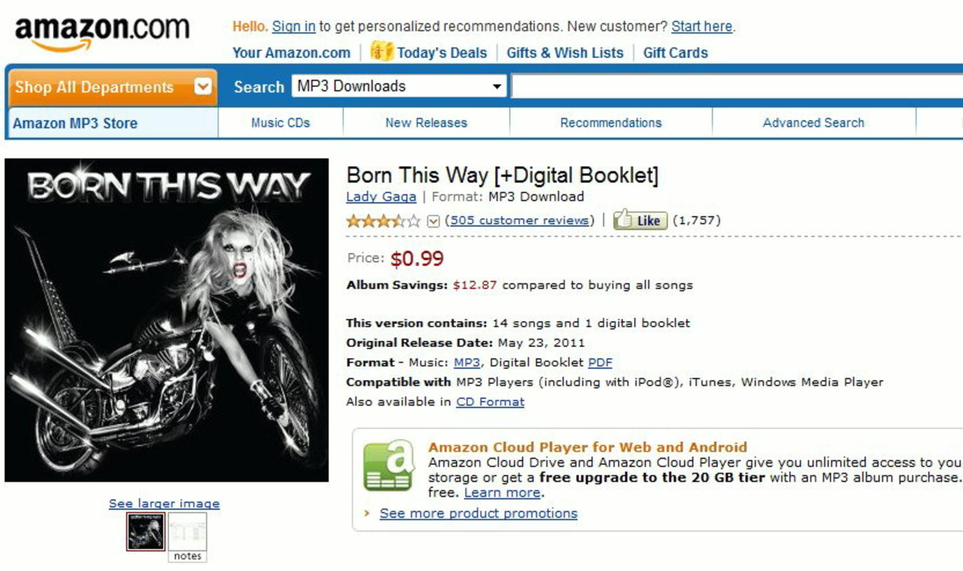 Muss noch einmal als Lockvogel herhalten: "Born This Way", das neue Album von Lady GaGa, wird von Amazon in den USA am 26. Mai erneut zum Preis von 99 Cent feikgeboten