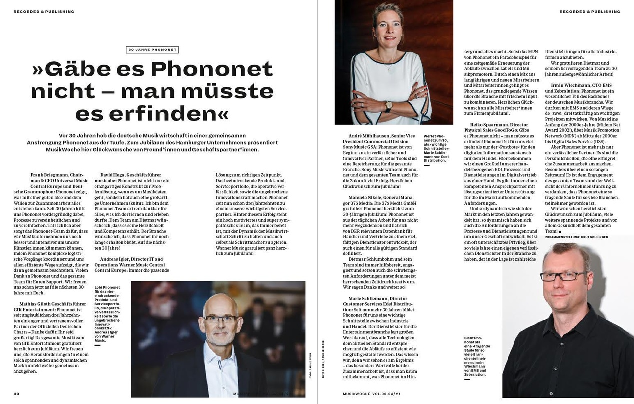 Doppelseite voll des Lobs: die Branche gratuliert zum 30. von Phononet