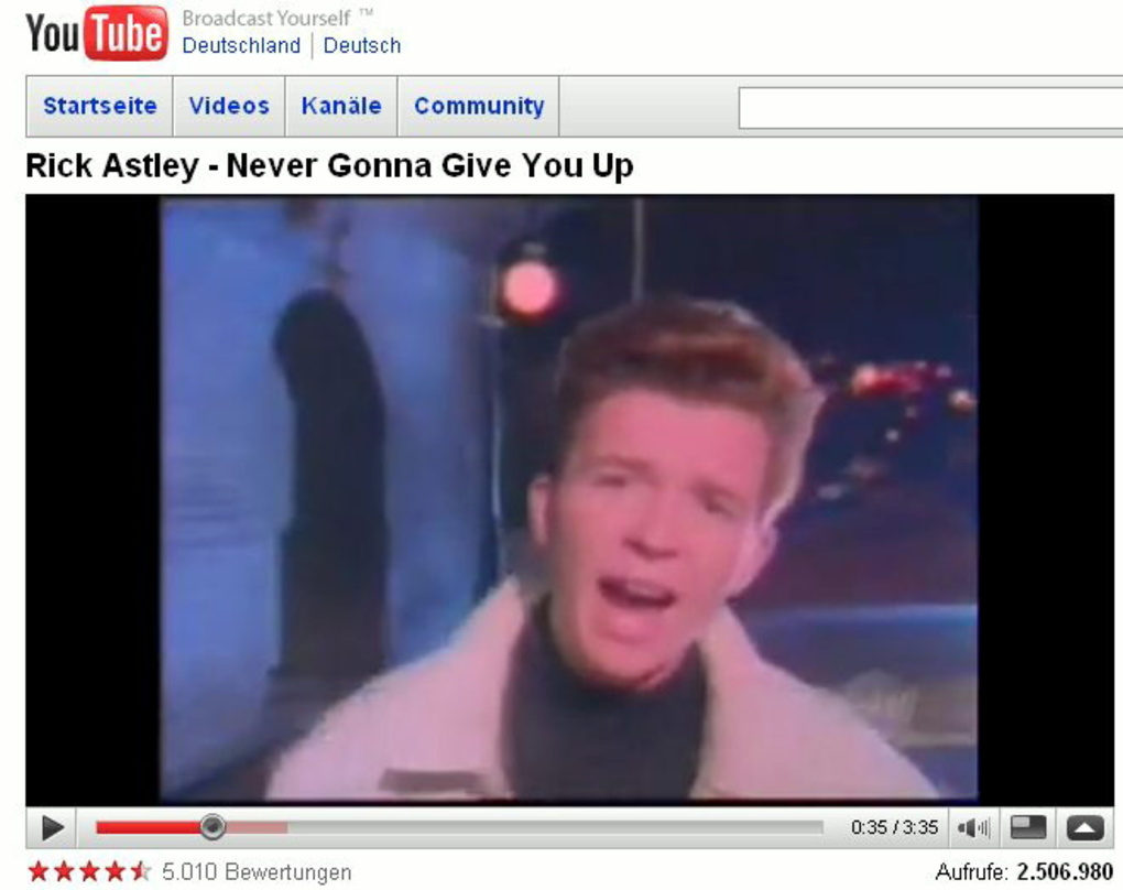 Auch Rickrolling ließ für Waterman nicht den Rubel rollen: Video zu "Never Gonna Give You Up" von Rick Astley