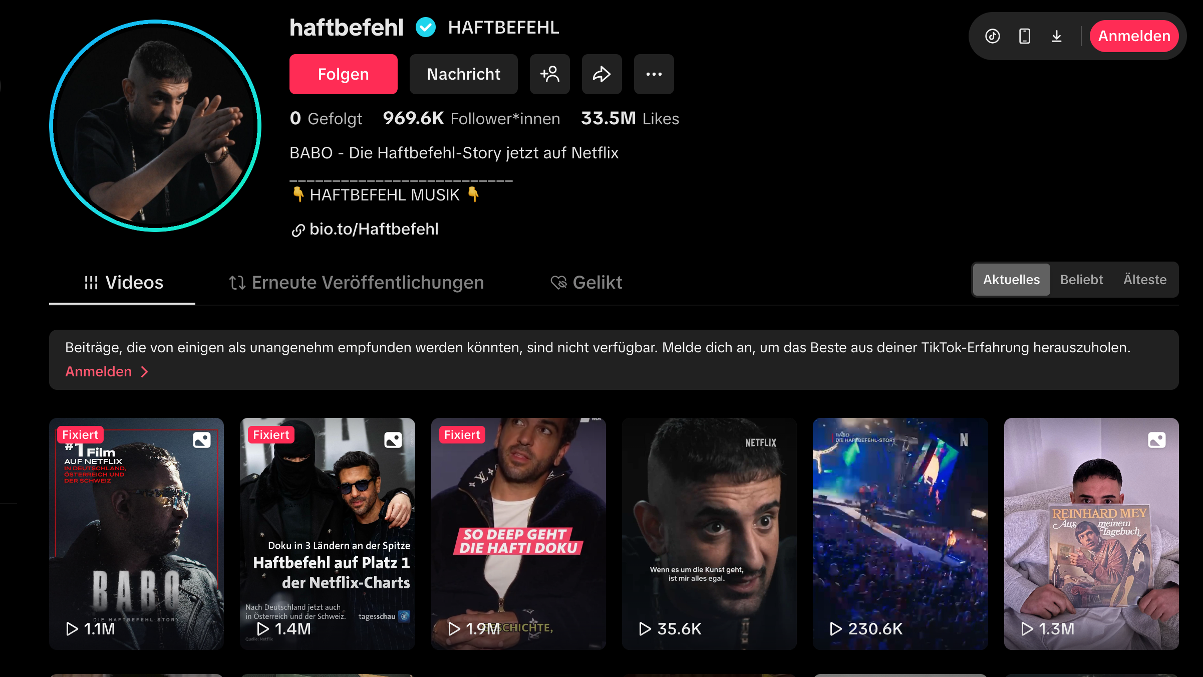 Versammelt knapp eine Million Abonnentinnen: Haftbefehl auf TikTok.
