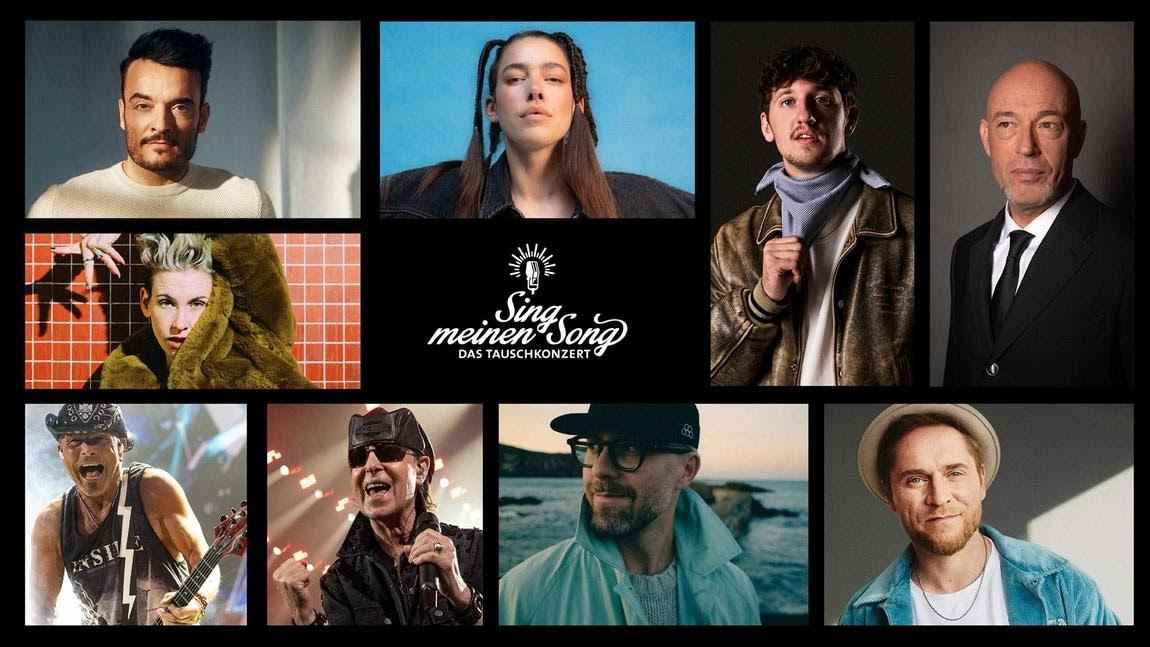 Tauschen ihre Songs bei Vox (von links): Giovanni Zarrella, Alina Süggeler (Frida Gold), Tream, Der Graf (Unheilig), Ina Bredehorn alias Deine Cousine, Rudolf Schenker und Klaus Meine (bei...