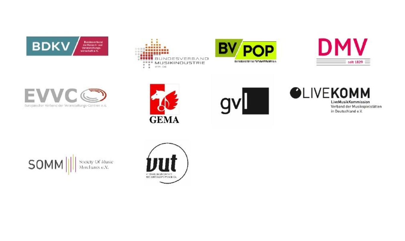 Zehn Organisationen der Musikwirtschaft üben den Schulterschluss: mit dabei sind der Bundesverband der Konzert- und Veranstaltungswirtschaft (BDKV), der Bundesverband Musikindustrie (BVMI)...