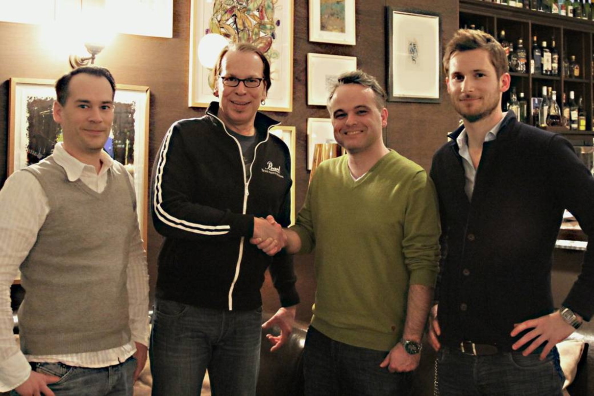Neue Partner (von links): Hauke von der Brelje, Tom Nevermann (beide: The Musicbrokers), John Ruhrmann (A&R Melodie der Welt) und Eike Freese (The Musicbrokers)