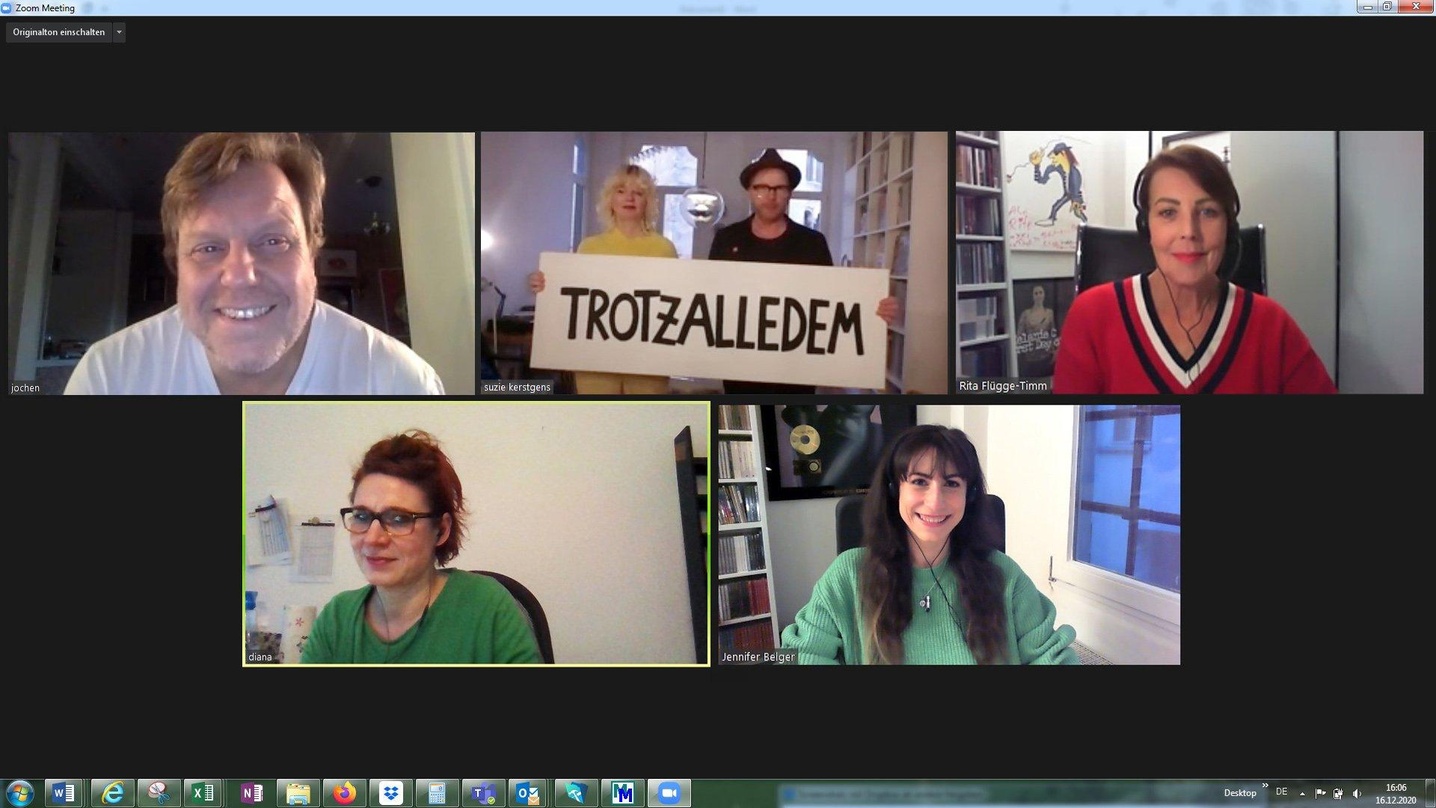 Gehen es für "Trotzalledem" gemeinsam an (oben von links): Jochen Richert, Suzie Kerstgens und Sten Servaes von Klee und Rita Flügge-Timm sowie (unten) Diana Guse und Jennifer Belger