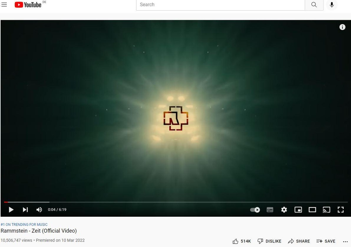Ramstein führten am zweiten Wochenende in Folge mit "Zeit" die deutschen YouTube-Musik-Trendcharts an