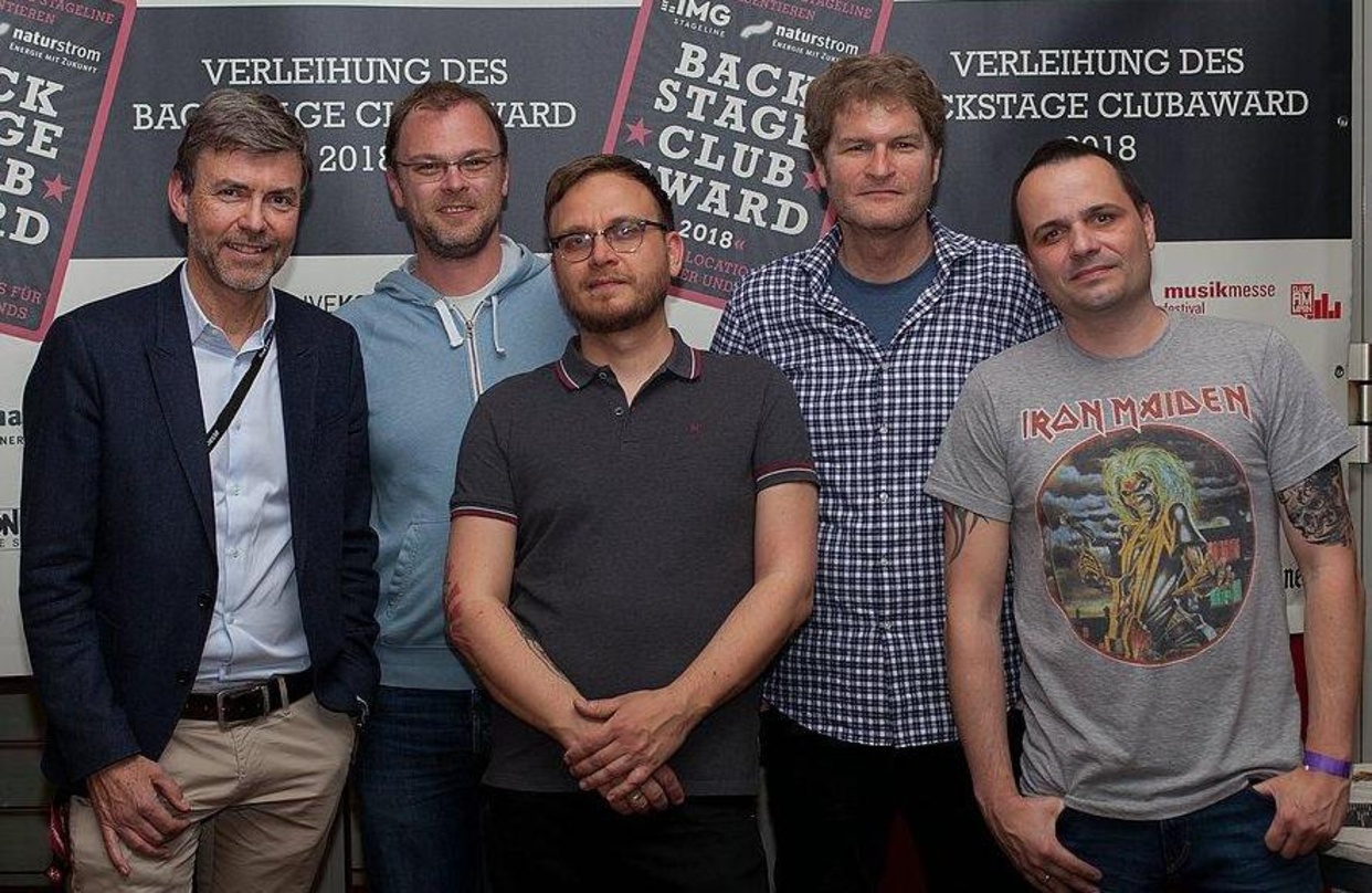 Die Initiatoren des Backstage Clubawards(von links): Wolfgang Weyand (Musikmesse Festival Frankfurt ), Klaus Bossert, Christian Ordon (beide LiveKomm) Dirk Brünner und Frank Baier (beide B...