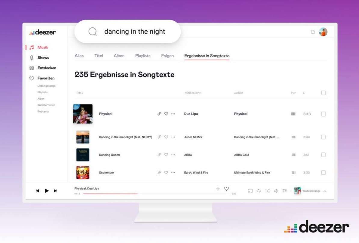 Für alle, die sich nur an den Refrain eines Liedes oder eine bestimmte Textzeile erinnern: die Songtext-Suche bei Deezer