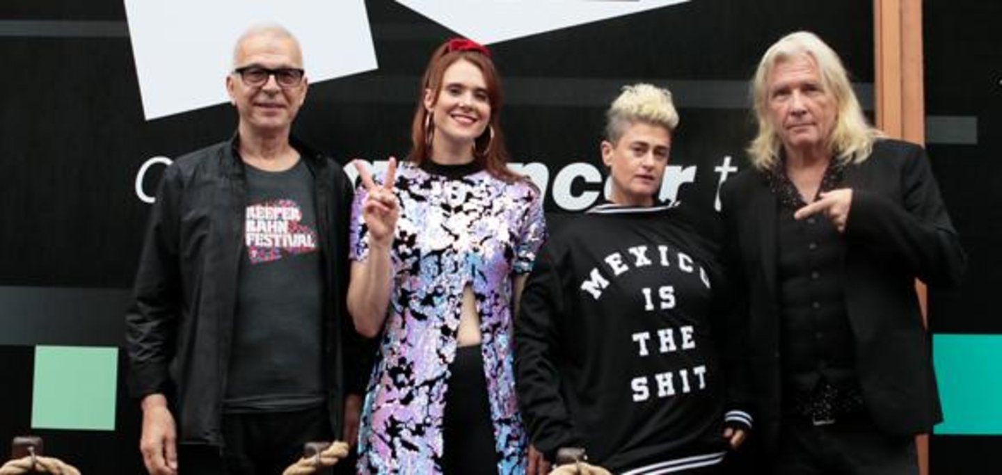 Sie wollen beim Reeperbahn Festival wieder ein Talent finden (von links): Tony Visconti, Kate Nash, Peaches und Bob Rock