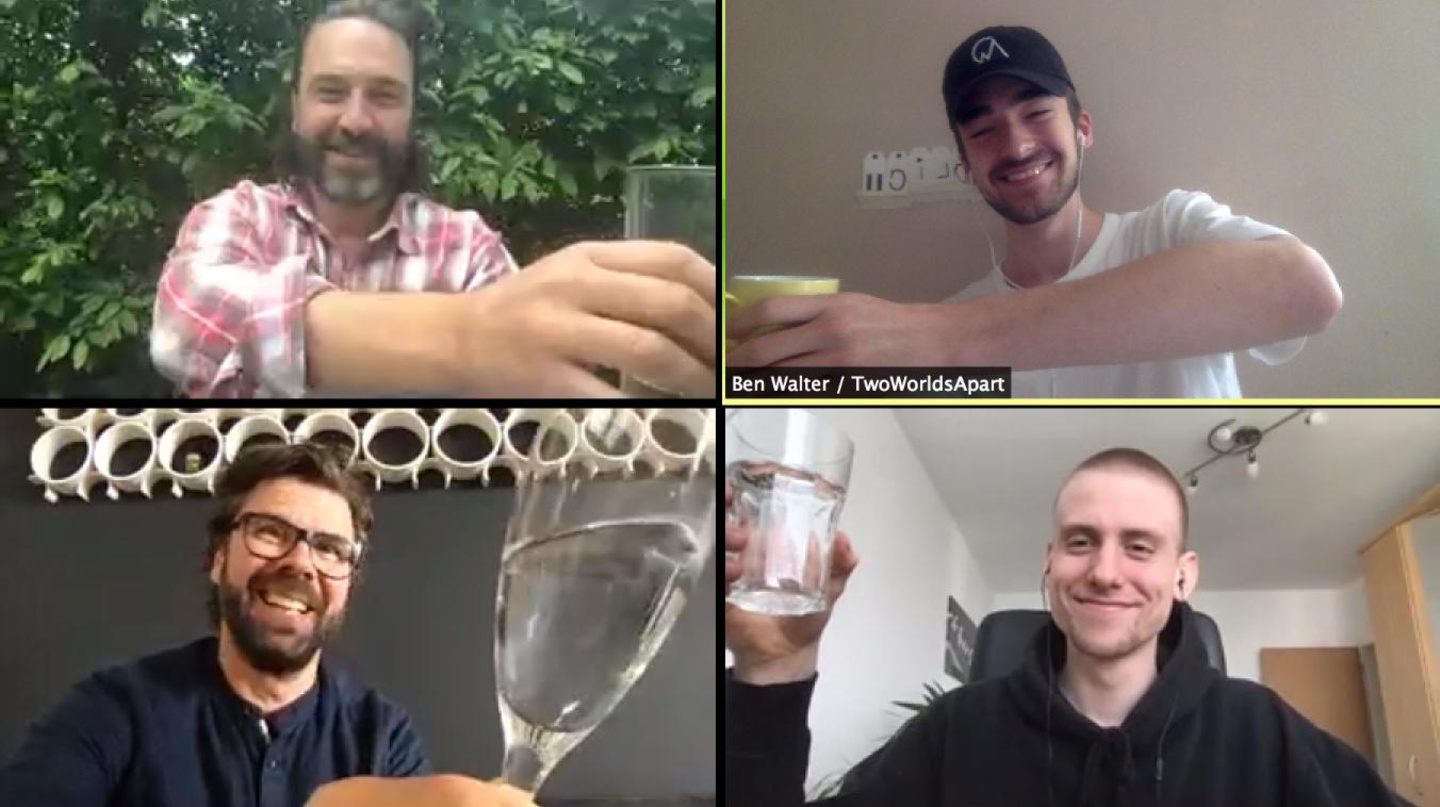 Besiegelten die weitere Zusammenarbeit per Videokonferenz (oben, von links): Robert Koster (Creative Manager Golden Gate Management) und Ben Walter (TwoWorldsApart) sowie (unten, von links...