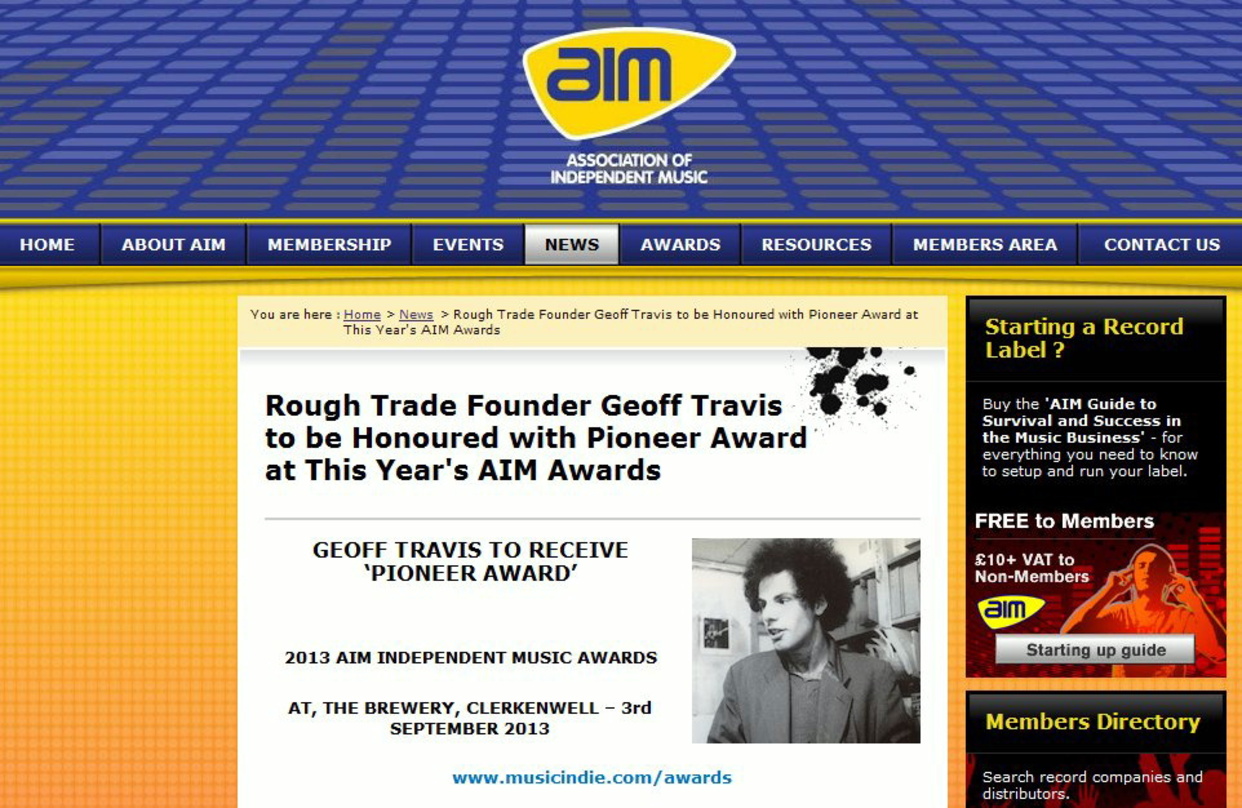 Ein Bild aus früheren Tagen: Rough-Trade-Gründer Geoff Travis erhält den AIM Pioneer Award 2013