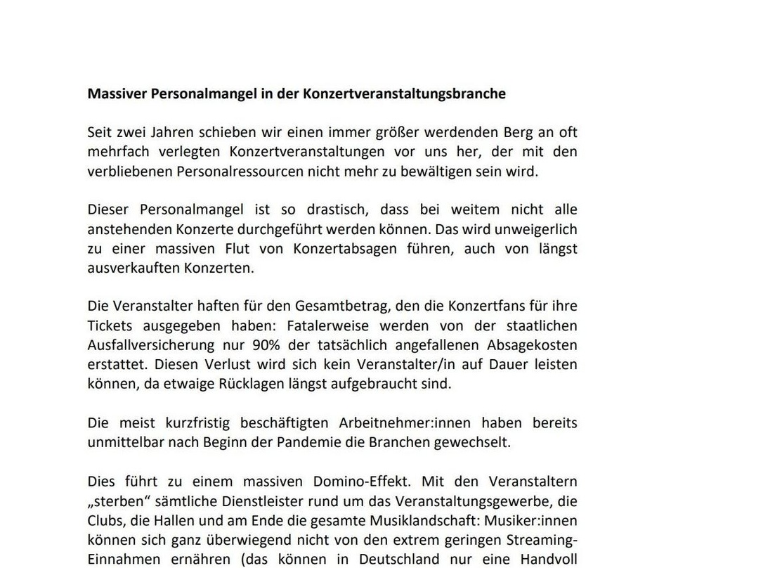 Warnt vor einer "massiven Flut von Konzertabsagen": ein Brandbrief der Veranstalter