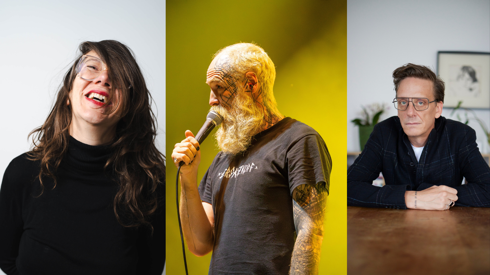 Sprechen auf einem Panel über Punk und Politik (von links): Elke Kuhlen (Festivaldirektorin c/o pop), Timo Warkus (Sänger Team Scheisse) und Kay Voges (Intendant Schauspiel Köln).