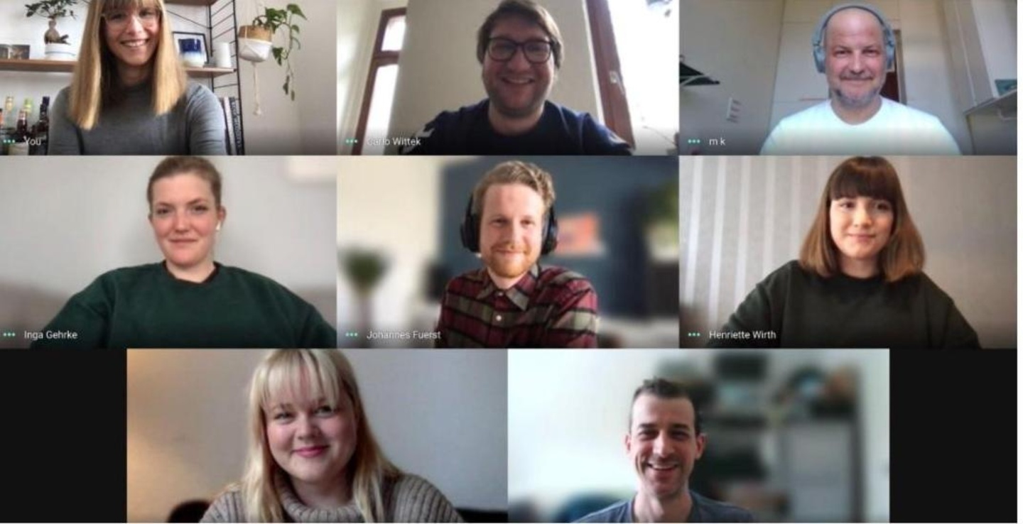 Trafen sich digital (obere Reihe, von links): Anja Toldrian, Carlo Wittek (beide The Orchard) und Martin Kaulen (Rootdown Artists) sowie (mittlere Reihe) Inga Gehrke, Johannes Fuerst und H...
