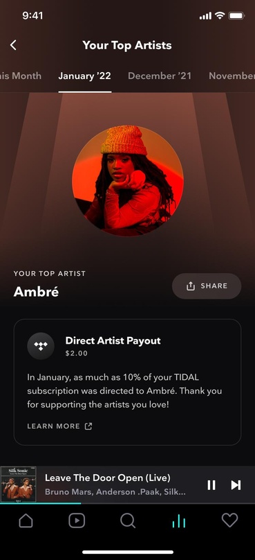 Zeigt an, wieviel Geld an den meistgehörten Künstler fließt: das HiFi-Plus-Abo von Tidal