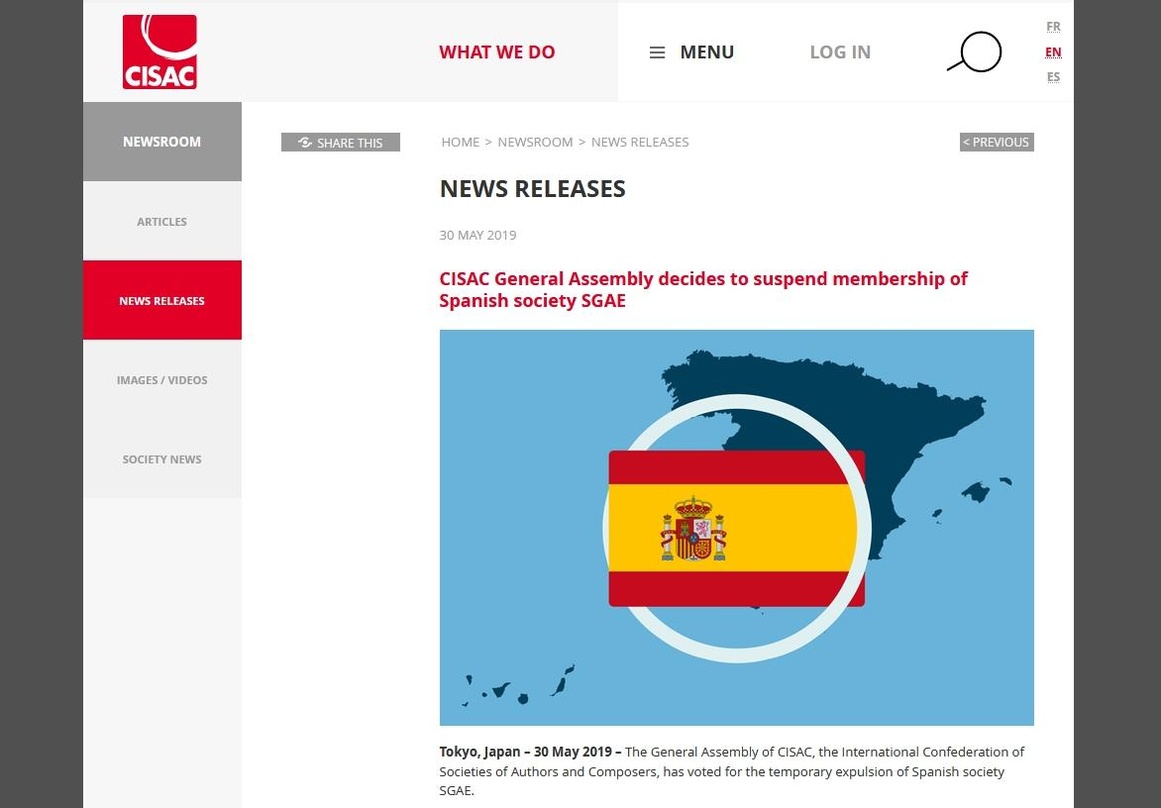 Amnestie für Spanien: die CISAC hatte die Mitgliedschaft der SGAE 2019 suspendiert Während es mit dem Brexit noch etwas dauert, ist der Spexit schon vollzogen: die CISAC-Mitglieder wollen ...