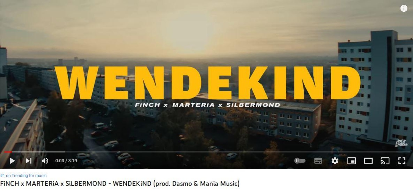 Mit dem Video zum Song "Wendekind" landen Finch x Marteria x Silvermond auf Platzs ein der deutschen YouTube-Musik-Trendcharts