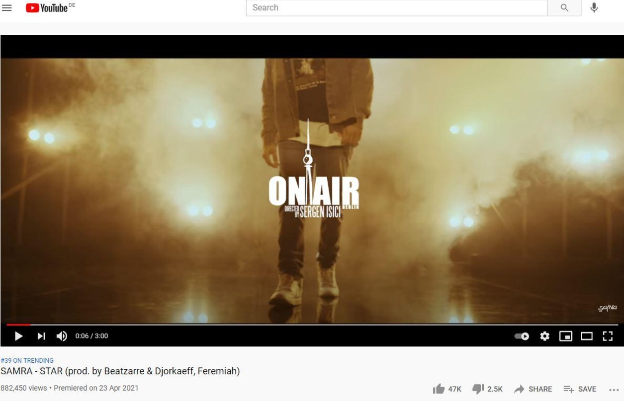 Samra lieferte mit "Star" am Wochenende das meistgesehene deutschsprachige Musikvideo auf YouTube ab