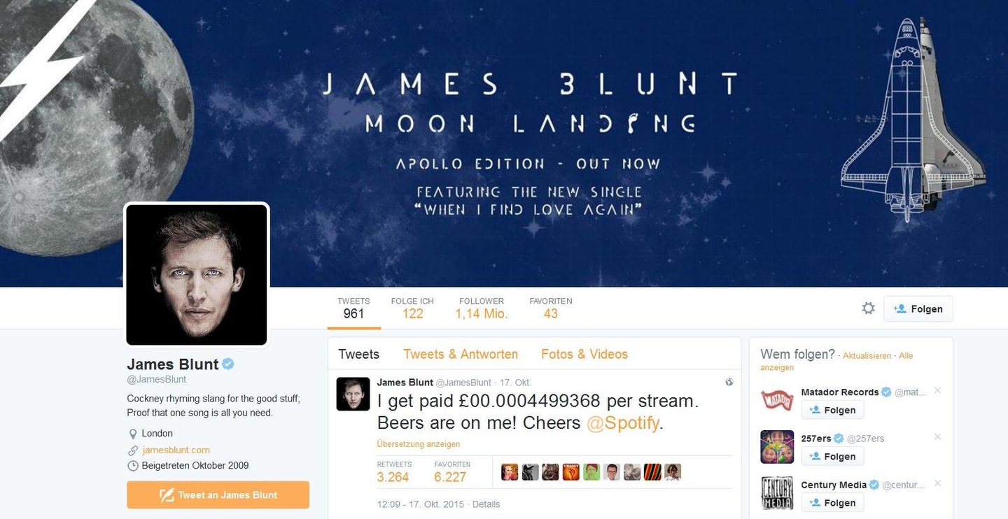 Die nächste Runde geht auf mich: James Blunt kommentiert die Ausschüttungen im Streaminggeschäft