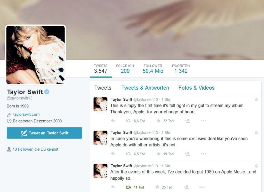 Öffentlichkeitswirksamer Schulterschluss: Taylor Swift will "1989" nun doch bei Apple Music verfügbar machen