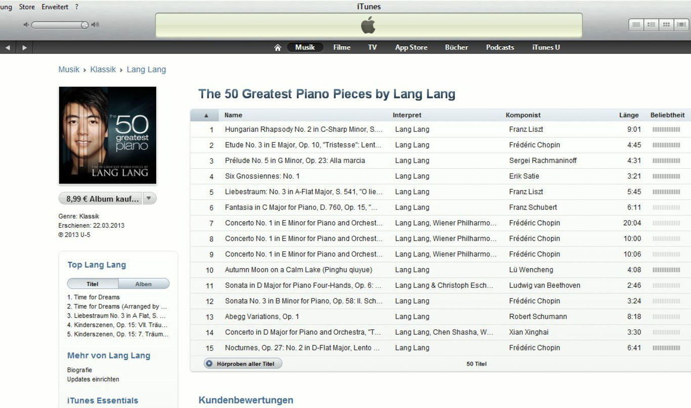 Mit einem Preis von 8,99 Euro im deutschen iTunes Store eher am oberen Ende der Preisskala von X5-Produkten: "50 Greatest Piano Pieces by Lang Lang"