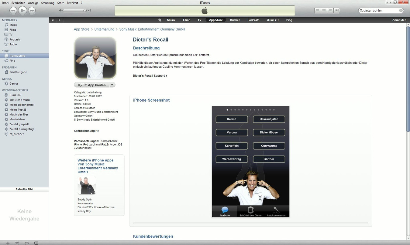 Laut Sony Music "eine spaßige Soundboard-App" mit den "besten 100 Sprüchen" von Dieter Bohlen: "Dieter's Recall"