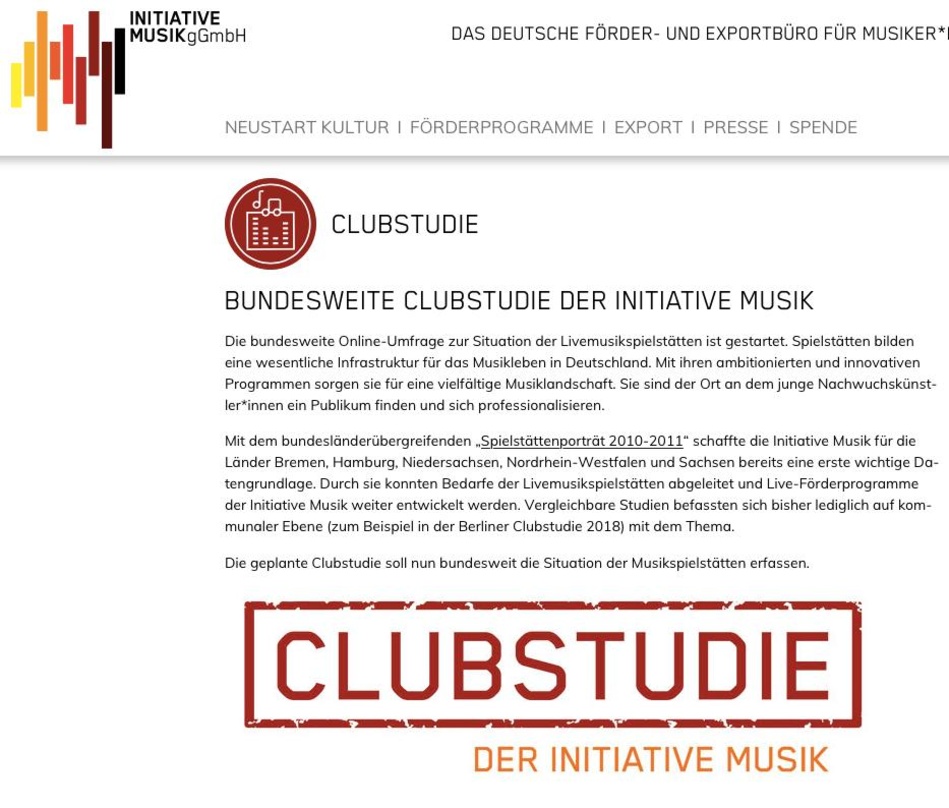 f2974253d93c105f2059ed723b7901726f31215c037e8594328fa84166e1583e Soll die Lage der Livemusikspielstätten bundesweit unter die Lupe nehmen: die Ende September von der Initiative Musik gestartete Clubstudie