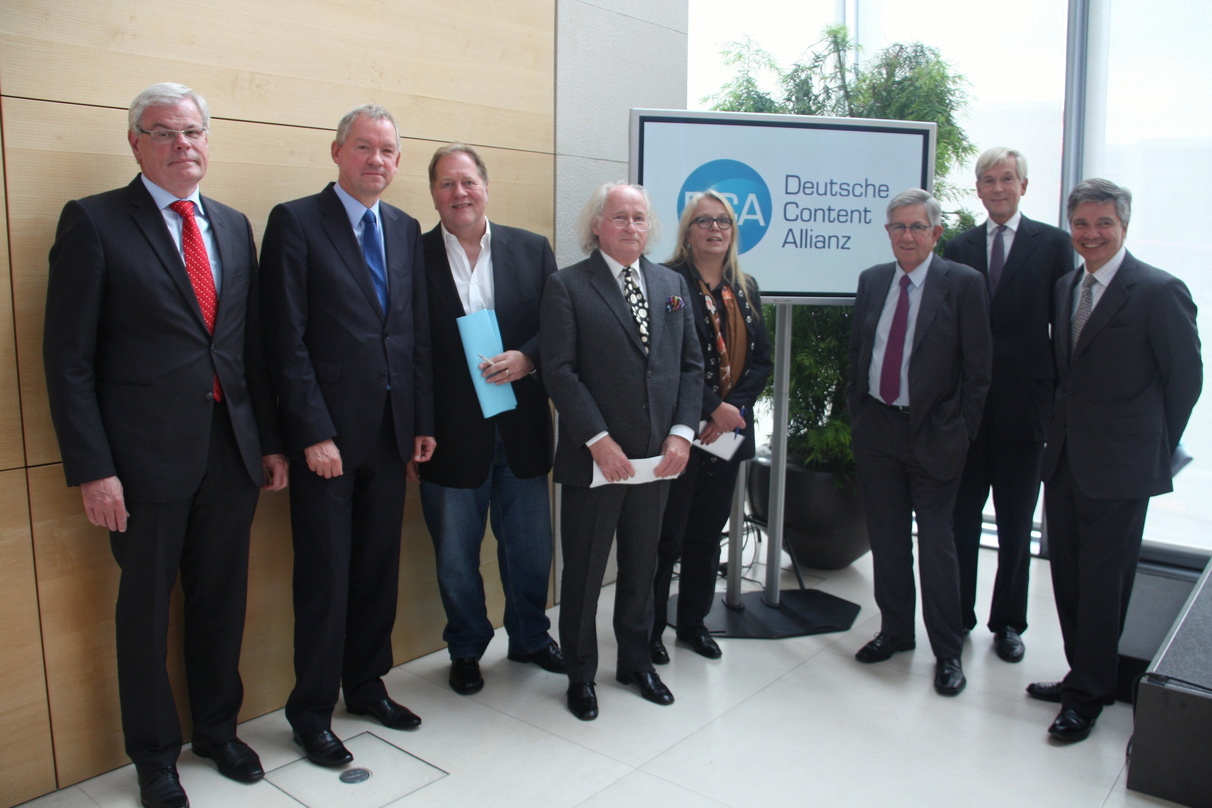 Stellten das Positionspapier der Deutschen Content Allianz vor: Helmuth Heinen, Lutz Marmor, Dieter Gorny, Knut Boeser, Manuela Stehr, Jürgen Doetz, Harald Heker und Alexander Thies