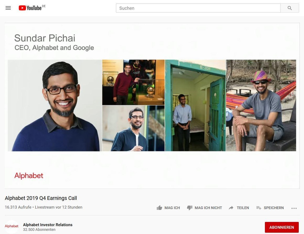 Präsentierte die Quartalszahlen auf der eigenen YouTube-Plattform: Sundar Pichai