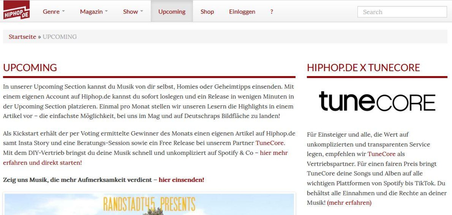 Hier können HipHop-Künstler ihre eigene Musik ode die von befreundenten Künstlern einreichen: die Rubrik "Upcoming" bei Hiphop.de