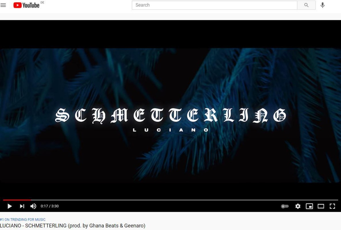 f9756bf1daff7a3ca5332b047acf74632837e1a18a348eee6c87f1389fd7cb6b Luciano landete mit dem Video zu "Schmetterling" auf Platz der deutschen YouTube-Musik-Trendcharts
