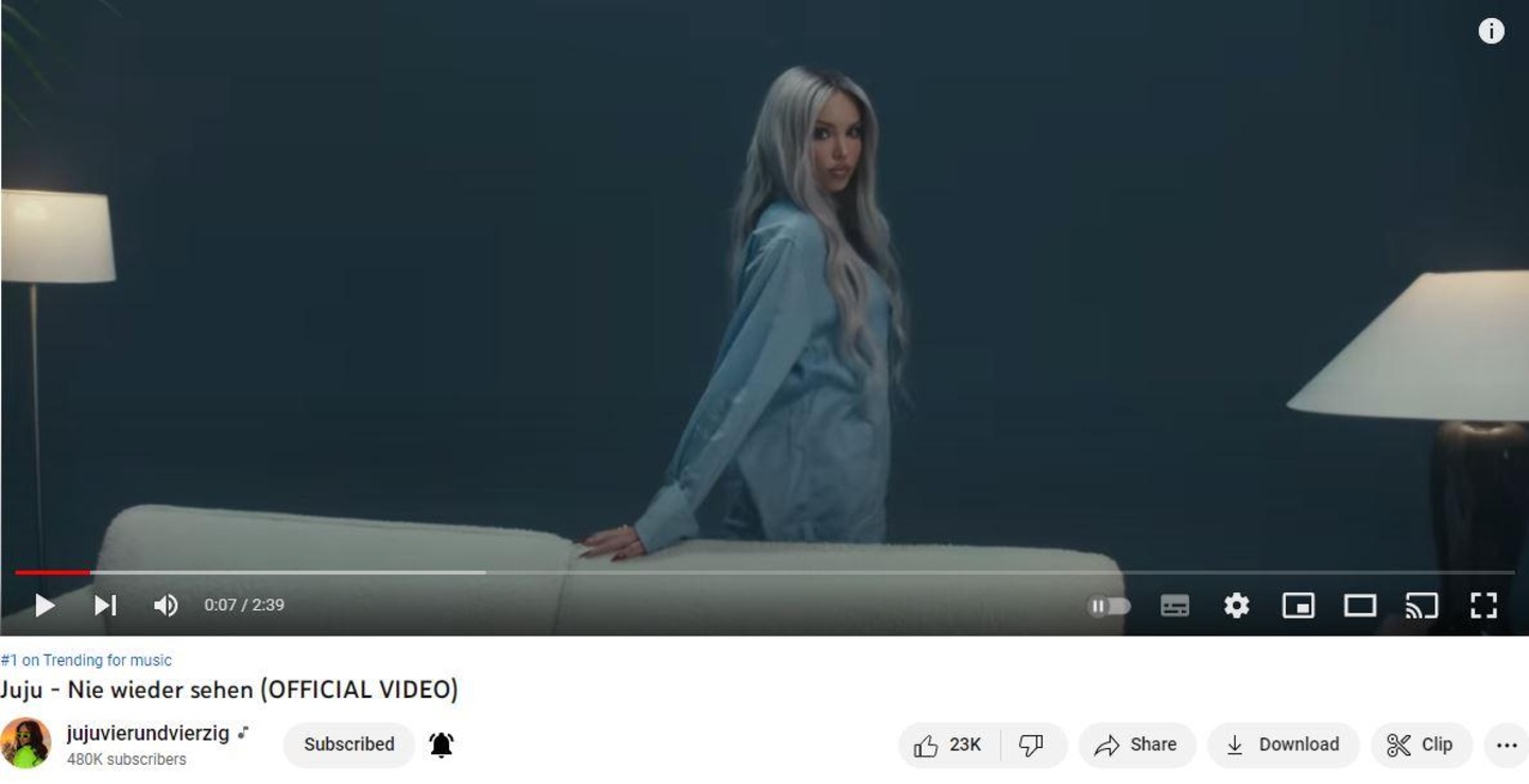 Juju landete mit dem Video zu "Nie wieder sehen" auf Platz eins der deutschen YouTube-Musik-Trendcharts