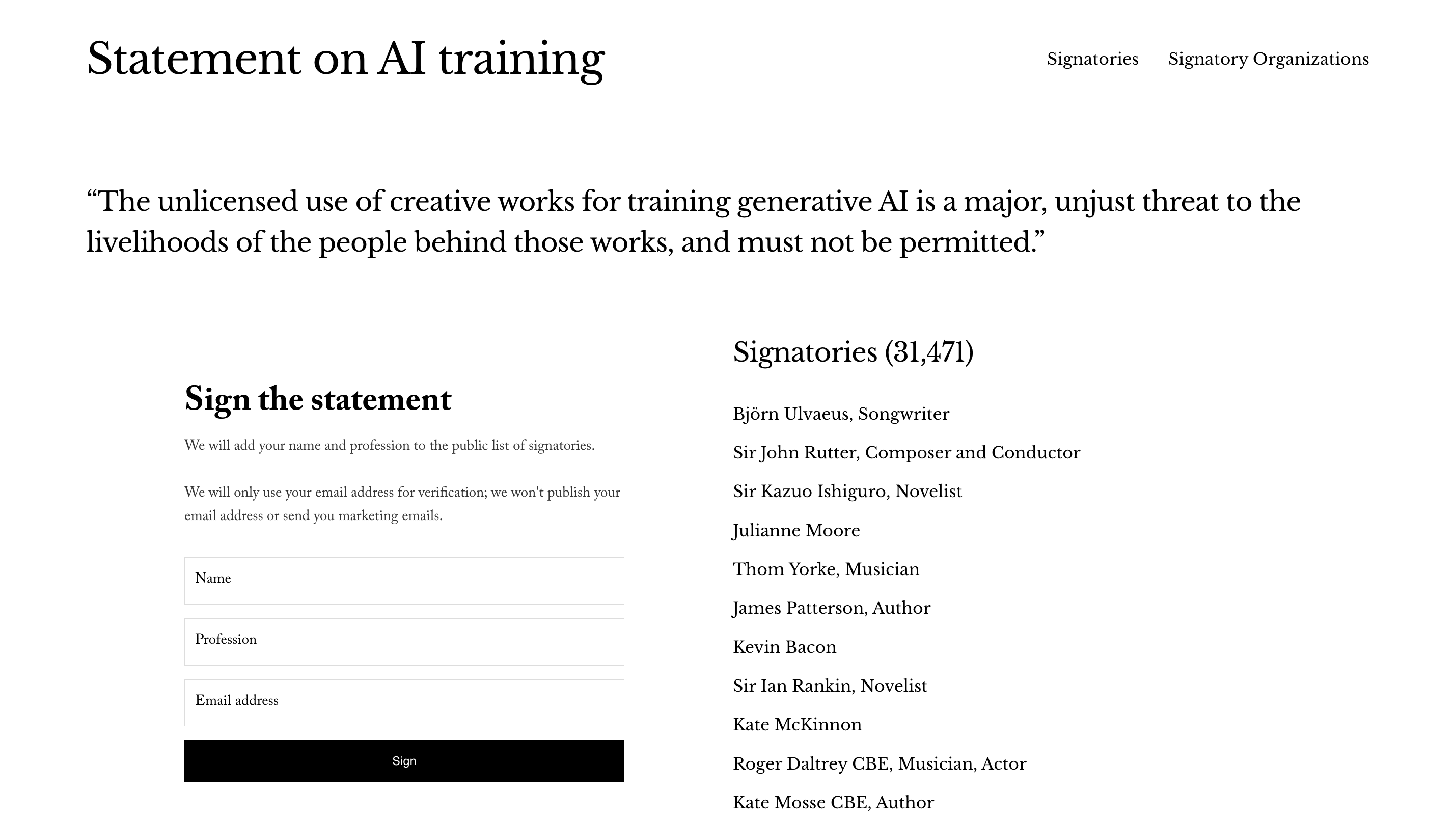 Weist zum aktuellen Zeitpunkt 31.471 Unterschriften auf: das "Statement On AI Training".
