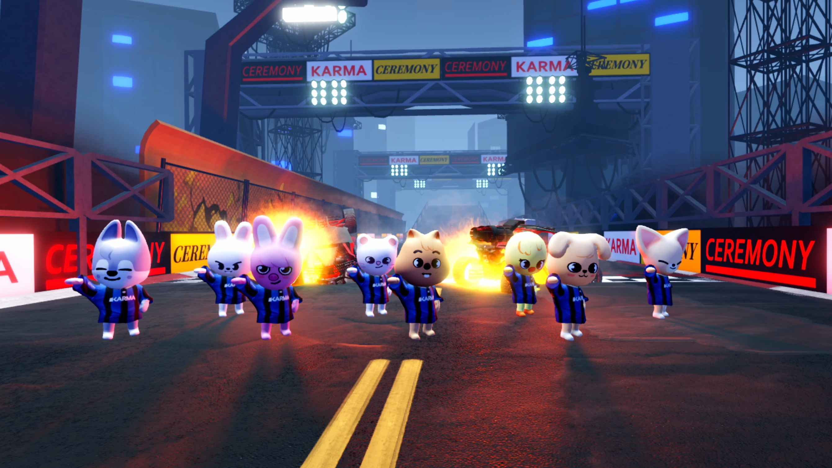 Tanzen auf Roblox: Figuren in T-Shirts der K-Pop-Boygroup Stray Kids.