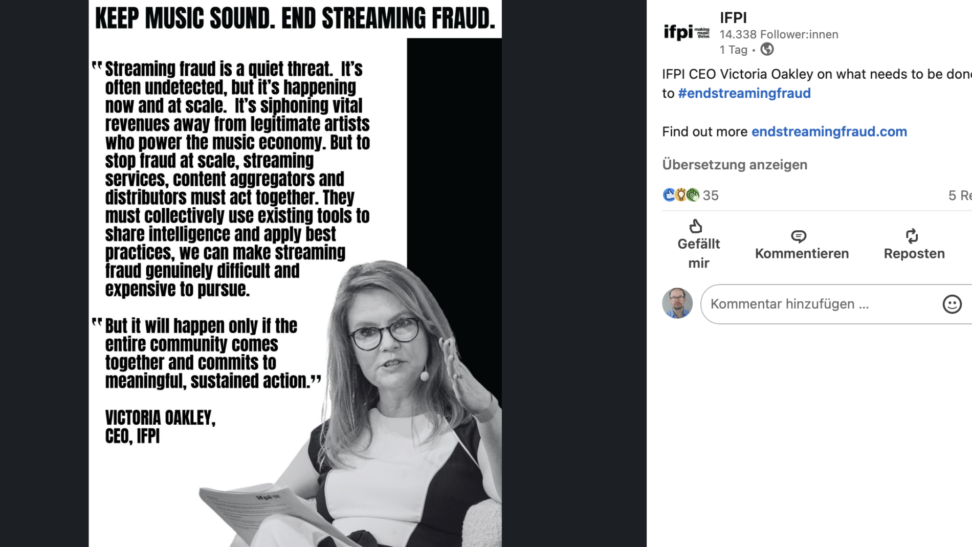 Macht bei Linkedin und mit einer Kampagne gegen Betrügereien im Streaming mobil: IFPI-CEO Victoria Oakley.