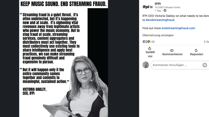 ifpi london vs streaming fraud Macht bei Linkedin und mit einer Kampagne gegen Betrügereien im Streaming mobil: IFPI-CEO Victoria Oakley.