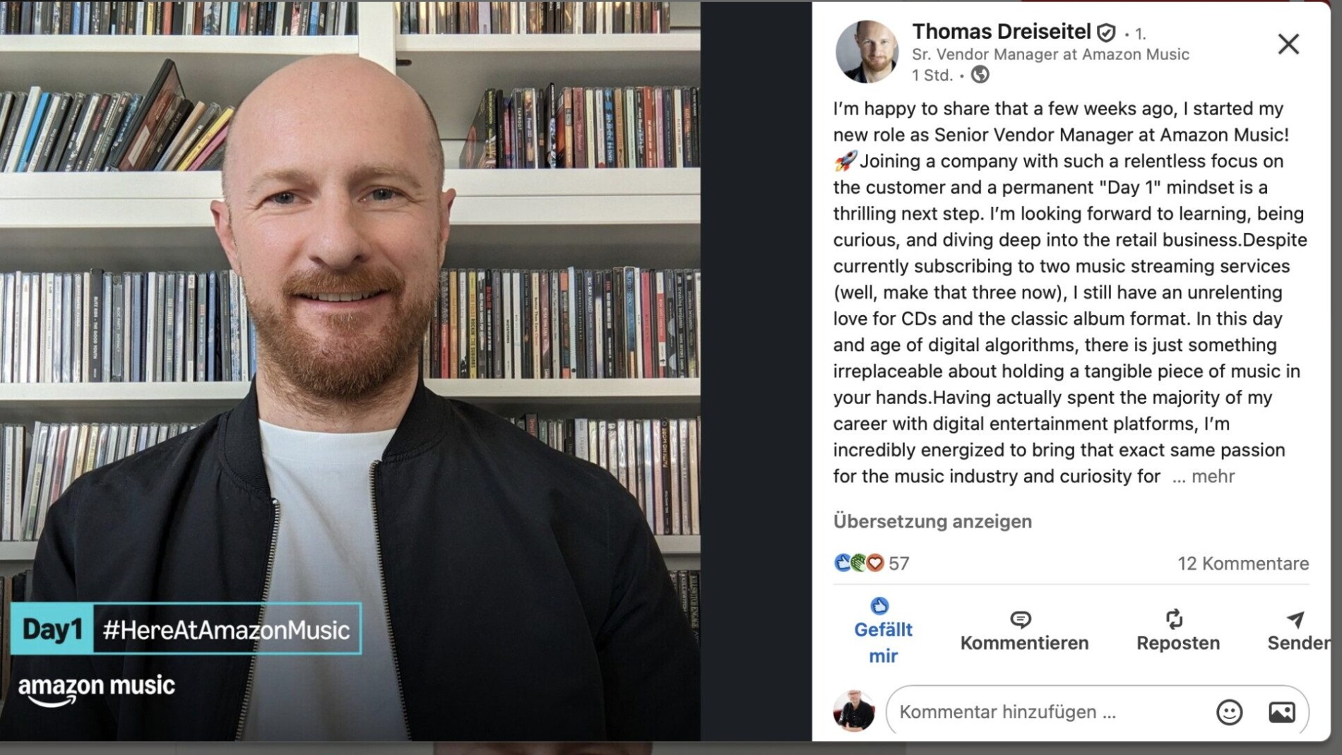 Handelt künftig mit Tonträgern: Thomas Dreiseitel, der seinen Wechsel zu Amazon Music über Linkedin verkündet. Foto: linkedin.com/in/thdre, Screenshot