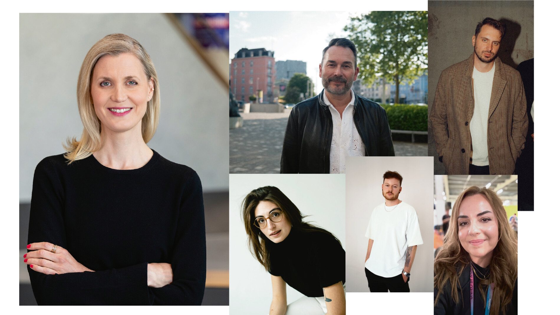 Bilden beim SWR das Musikteam für den ESC: Tina Sikorski (links) sowie (oben, von links) Pele Loriano, Jules Kalmbacher und (unten) Celina Spanier, Florian Müller und Lilly Behling. Fotos: SWR/Patricia Neligan, Benjamin Ramsauer, Phil Hessler, Rebecca Kraemer, Jannik Perse, privat; Montage: MusikWoche