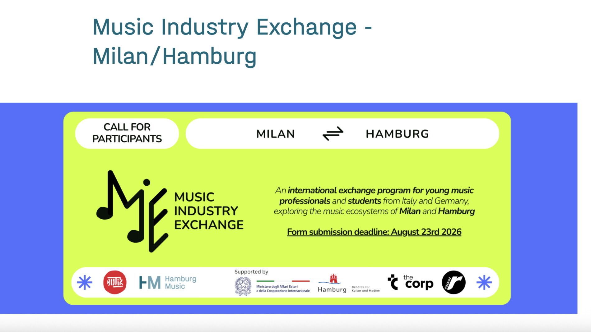 Milan Hamburg Music Inustry Exchnage Austauschprogramm for young professionals Die musikwirtschaftliche Internationalisierung im Fokus: Ende September tritt eine deutsche Gruppe im Rahmen des Projekts Music Industry Exchange – Milan / Hamburg die Reise nach Mailand an, im Oktober reist eine italienische Gruppe nach Hamburg. Foto: Hamburg Music