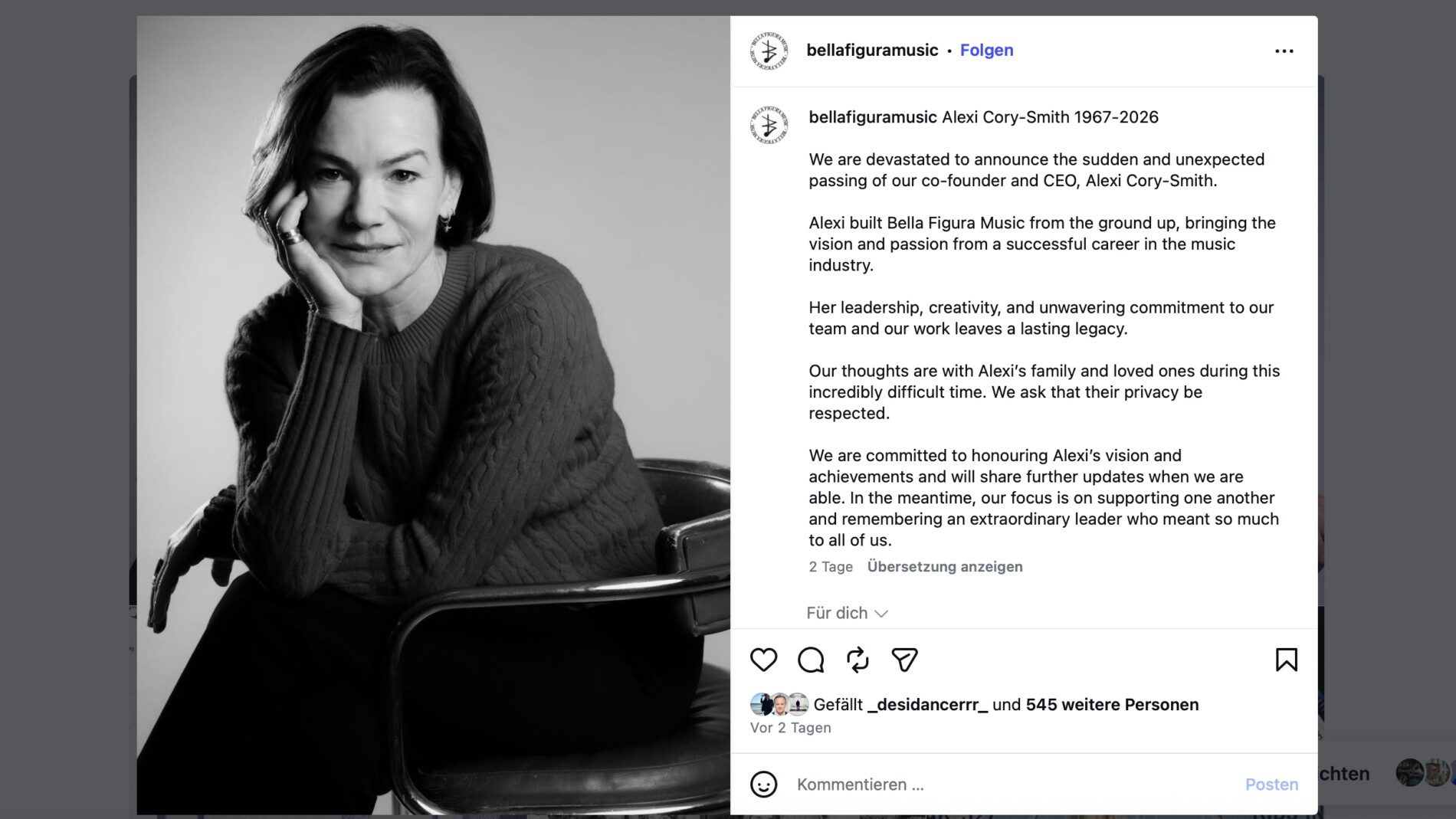 bella figura alexi cory smith instagram screenshot portrait C_C nelta kasparian Verstarb im Alter von 58 Jahren: die Musikmanagerin Alexi Cory-Smith. Foto: Instagram-Posting von Bella Figura Music, Screenshot, mit einem Foto von Nelta Kasparian