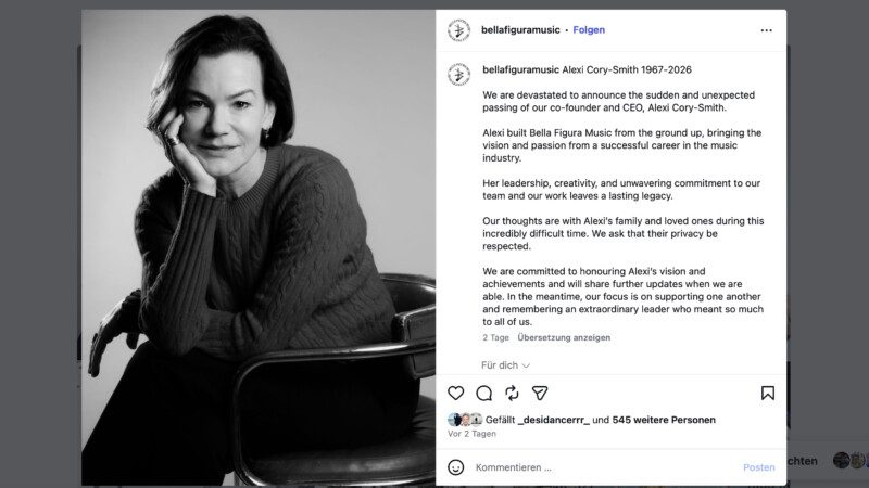bella figura alexi cory smith instagram screenshot portrait C_C nelta kasparian Verstarb im Alter von 58 Jahren: die Musikmanagerin Alexi Cory-Smith. Foto: Instagram-Posting von Bella Figura Music, Screenshot, mit einem Foto von Nelta Kasparian