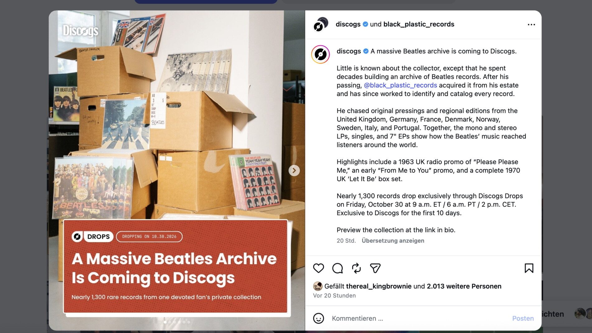Aus dem Nachlass eines Beatles-Sammlers: Discogs und Black Plastic kündigen den Verkauf von fast 1300 Schallplatten aus einer außergewöhnlichen Privatsammlung an. Foto: instagram.com/discogs, Screenshot